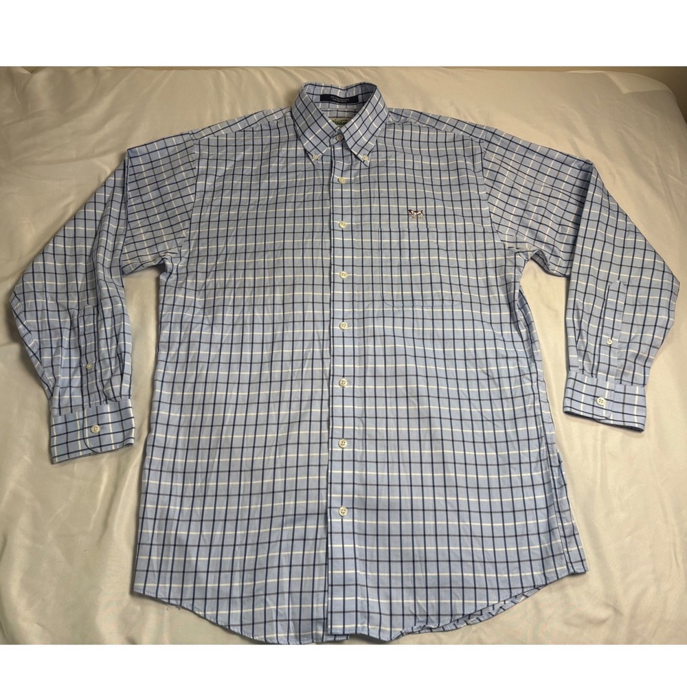 Stinson Button Down Shirt Mens Medium Blue Excellent Wrinkle Free Check Logo